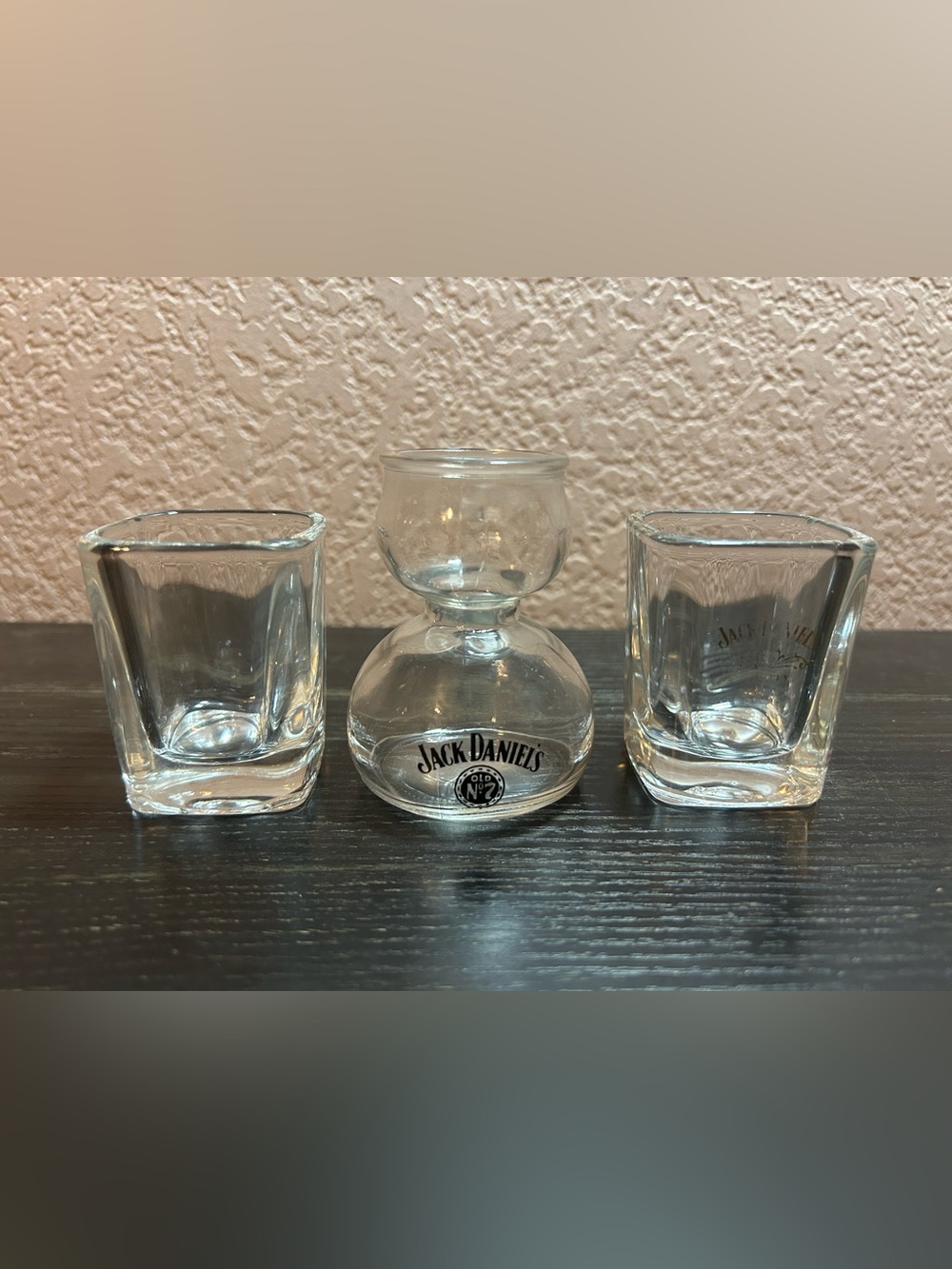 Old No. 7 Jack Daniels Double Bubble Shot Glass & Two Square Shot Glasses Lot